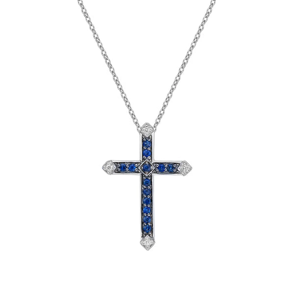 10K White Gold Sapphire & diamond cross pendant