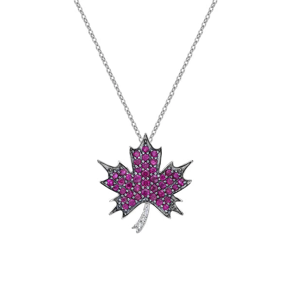10K White Gold Ruby & diamond maple leaf pendant
