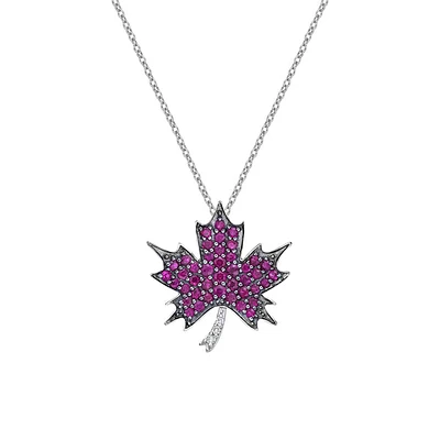 10K White Gold Ruby & diamond maple leaf pendant