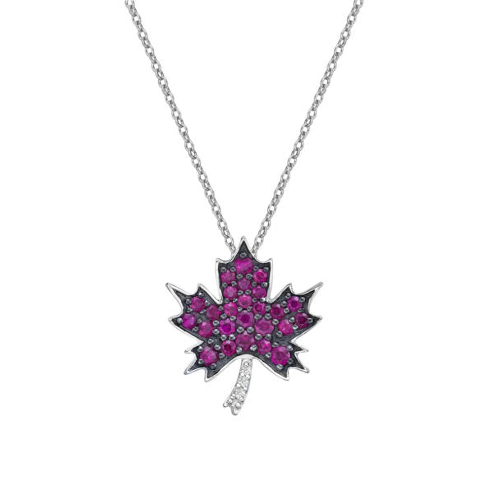 10K White Gold 0.45cttw Ruby and 0.015cttw Diamond Necklace with Cable Chain (Spring Clasp) - Adjustable 17 - 18 Inches