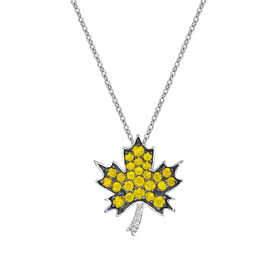 10K White Gold Yellow Sapphire & diamond maple leaf pendant