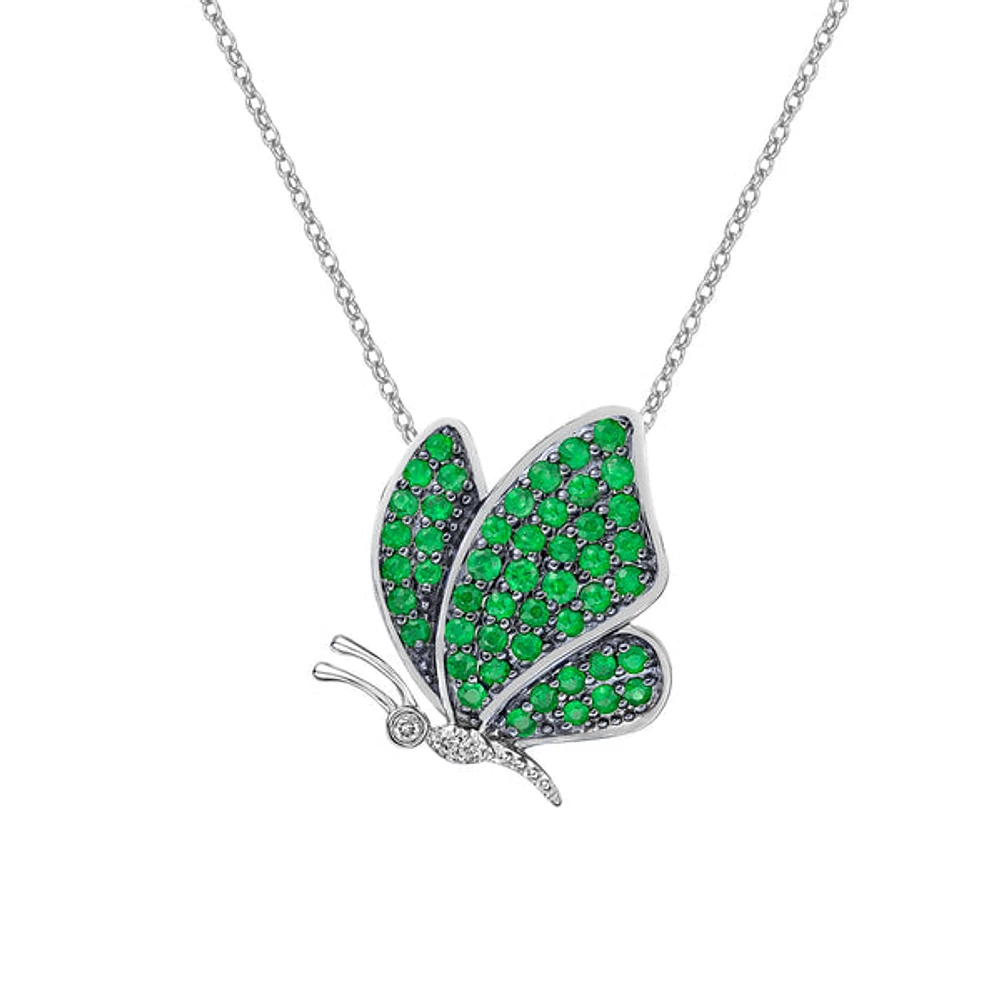 10K White Gold Emerald & diamond butterfly pendant