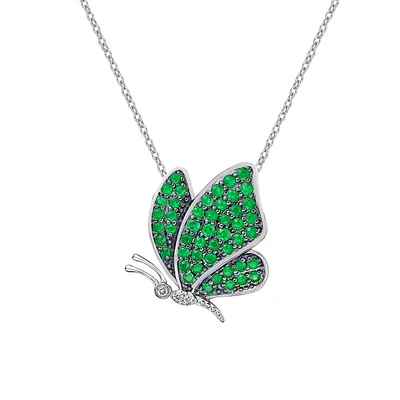 10K White Gold Emerald & diamond butterfly pendant