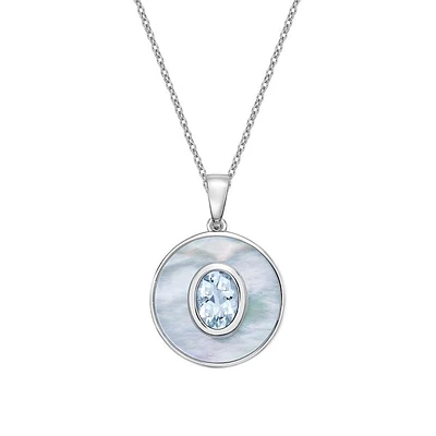 10K White Gold Oval Aquamarine and Mother of Pearl Pendant with chain