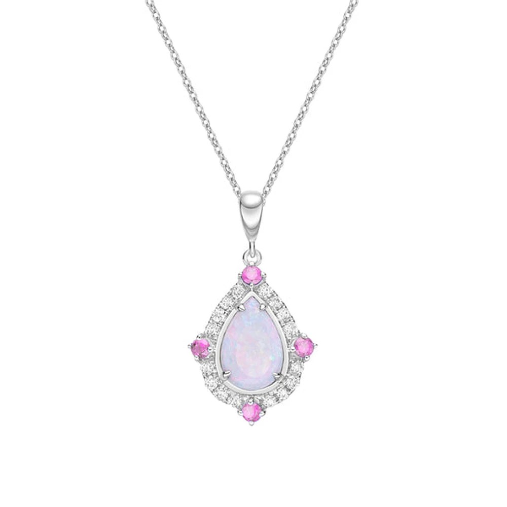 10K White Gold Prong-set White Opal Pendant with Sapphires & Diamonds