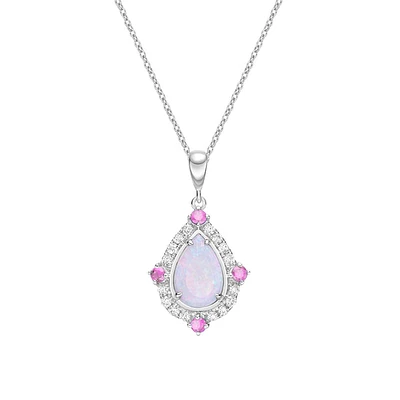 10K White Gold Prong-set White Opal Pendant with Sapphires & Diamonds