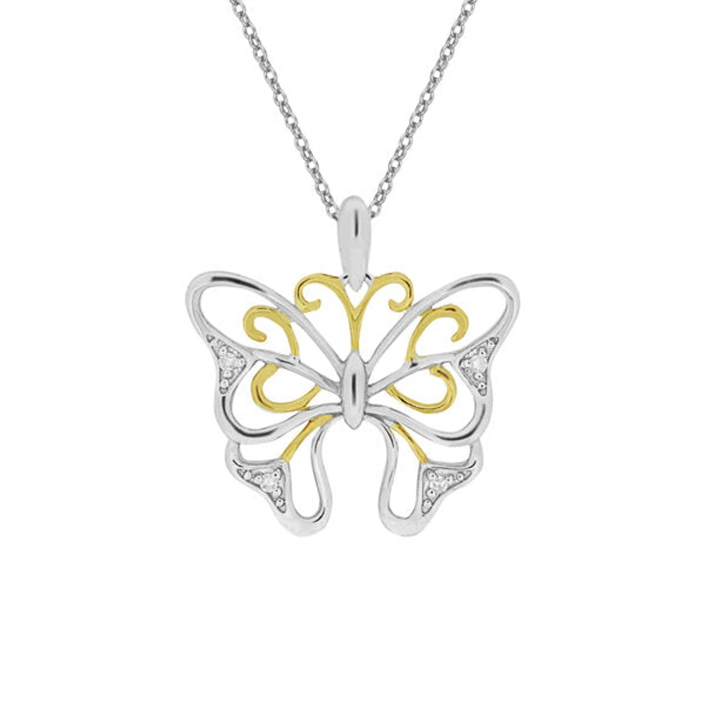 10K 2 Tone Gold 0.02cttw Diamond Butterfly Pendant, 18"