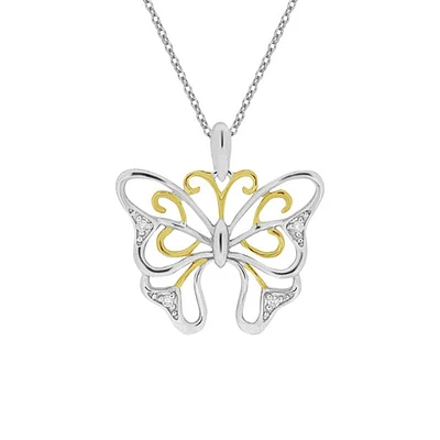 10K 2 Tone Gold 0.02cttw Diamond Butterfly Pendant, 18"
