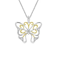 10K 2 Tone Gold 0.02cttw Diamond Butterfly Pendant, 18"