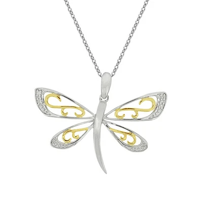 10K 2 Tone 0.02cttw Diamond Dragonfly Pendant, 18"