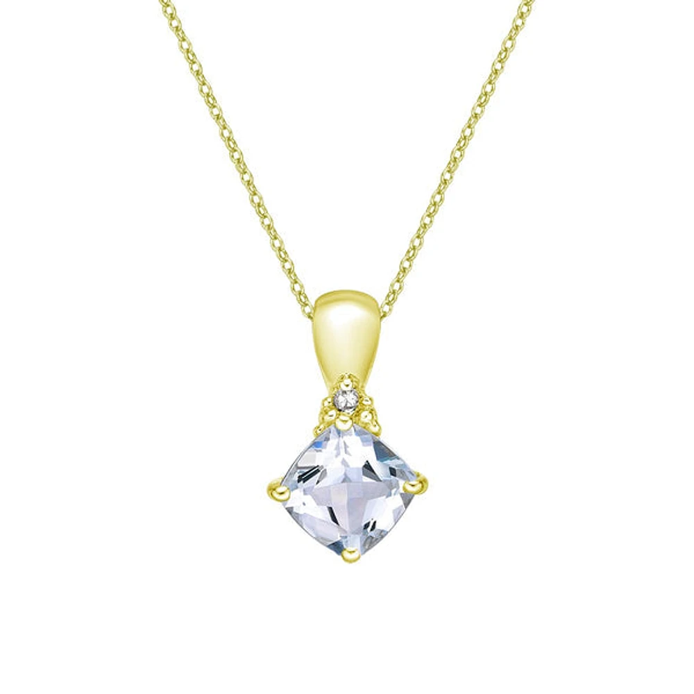 10K Gold Prong-set Aquamarine pendant with diamond accent - White gold