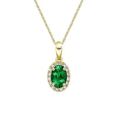 10K Yellow Gold Prong-set Emerald pendant with diamond halo