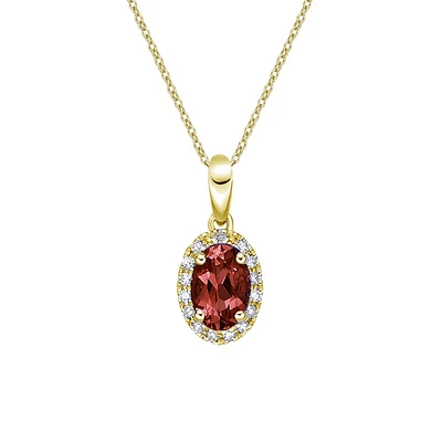 10K Yellow Gold Prong-set Garnet pendant with diamond halo