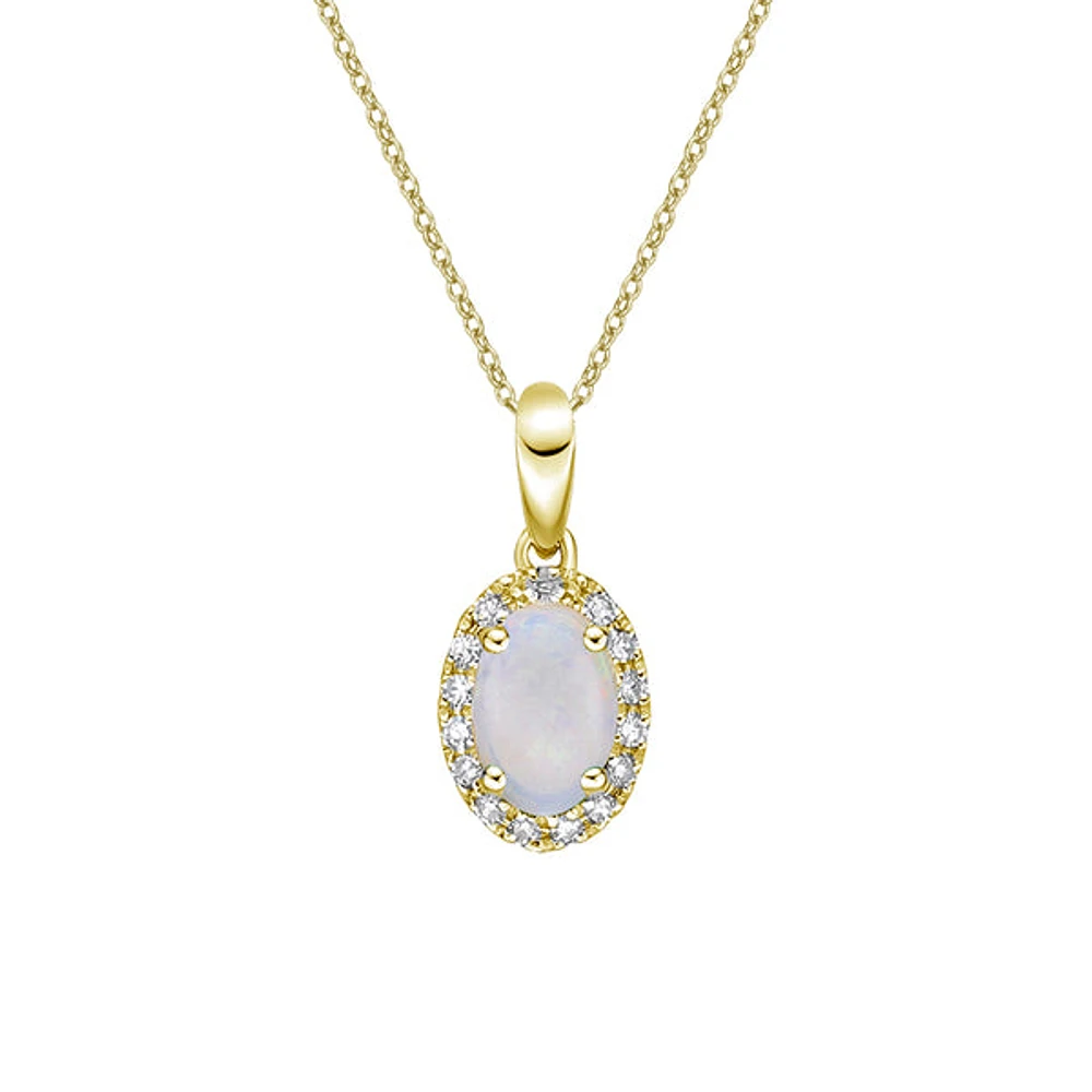 10K Yellow Gold Prong-set White Opal Pendant with Diamond Halo
