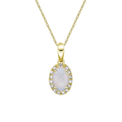 10K Yellow Gold Prong-set White Opal Pendant with Diamond Halo