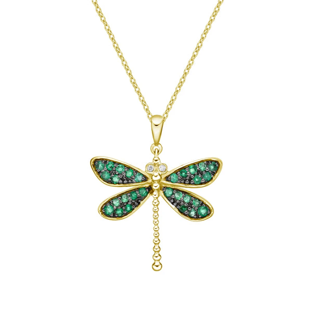 10K Yellow Gold Emerald & diamond dragonfly pendant