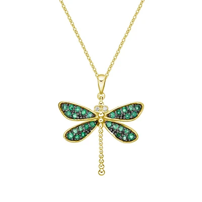 10K Yellow Gold Emerald & diamond dragonfly pendant