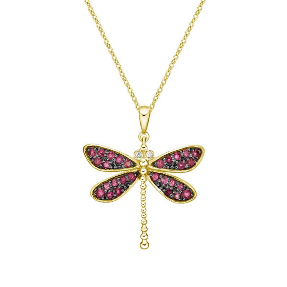 10K Yellow Gold Ruby & diamond dragonfly pendant