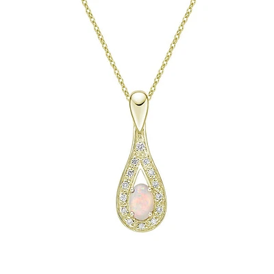 10K Yellow Gold Drop-shaped halo White Opal pendant with chain