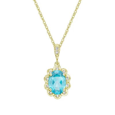 10K Yellow Gold Prong-set Blue Topaz pendant with diamond halo