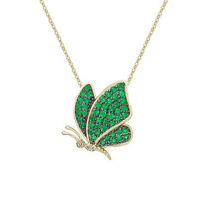 10K Yellow Gold Pave-set Emerald & diamond butterfly pendant
