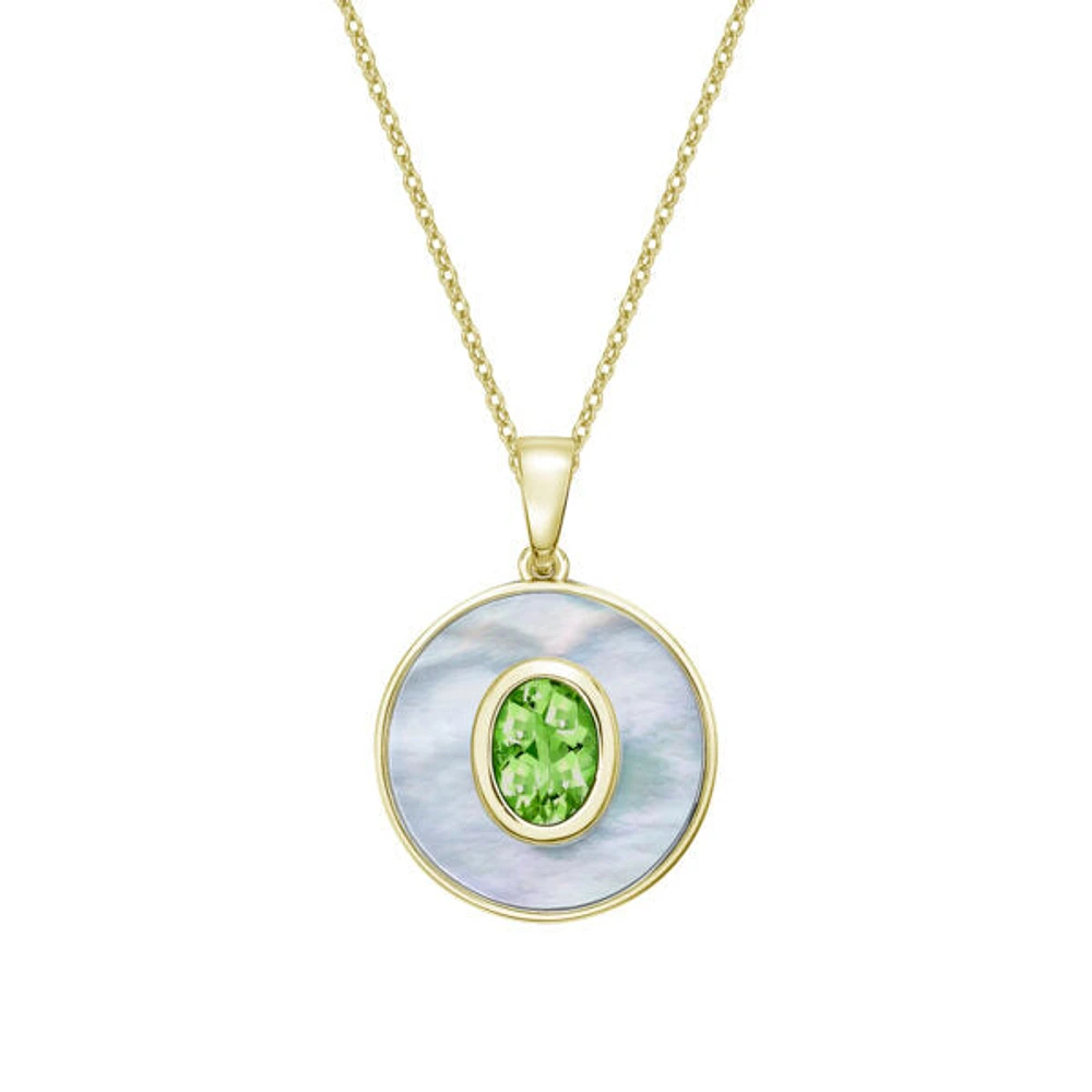 10K Yellow Gold Peridot and Mother of Pearl Pendant - 18 inches
