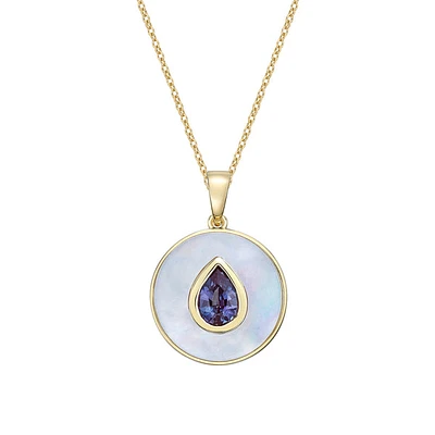 10K Gold Created Alexandrite and Mother of Pearl pendant with chain