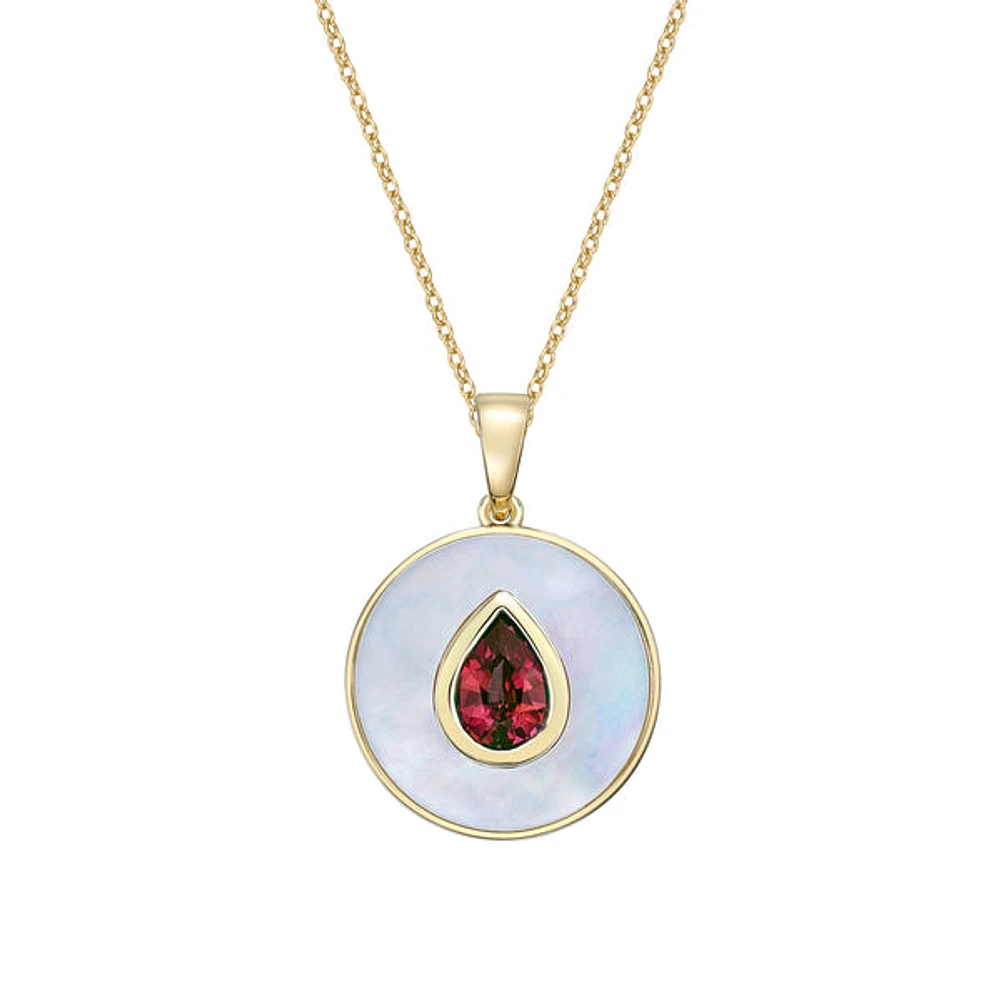 10K Yellow Gold Garnet and Mother of Pearl pendant with chain