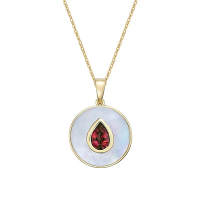 10K Yellow Gold Garnet and Mother of Pearl pendant with chain