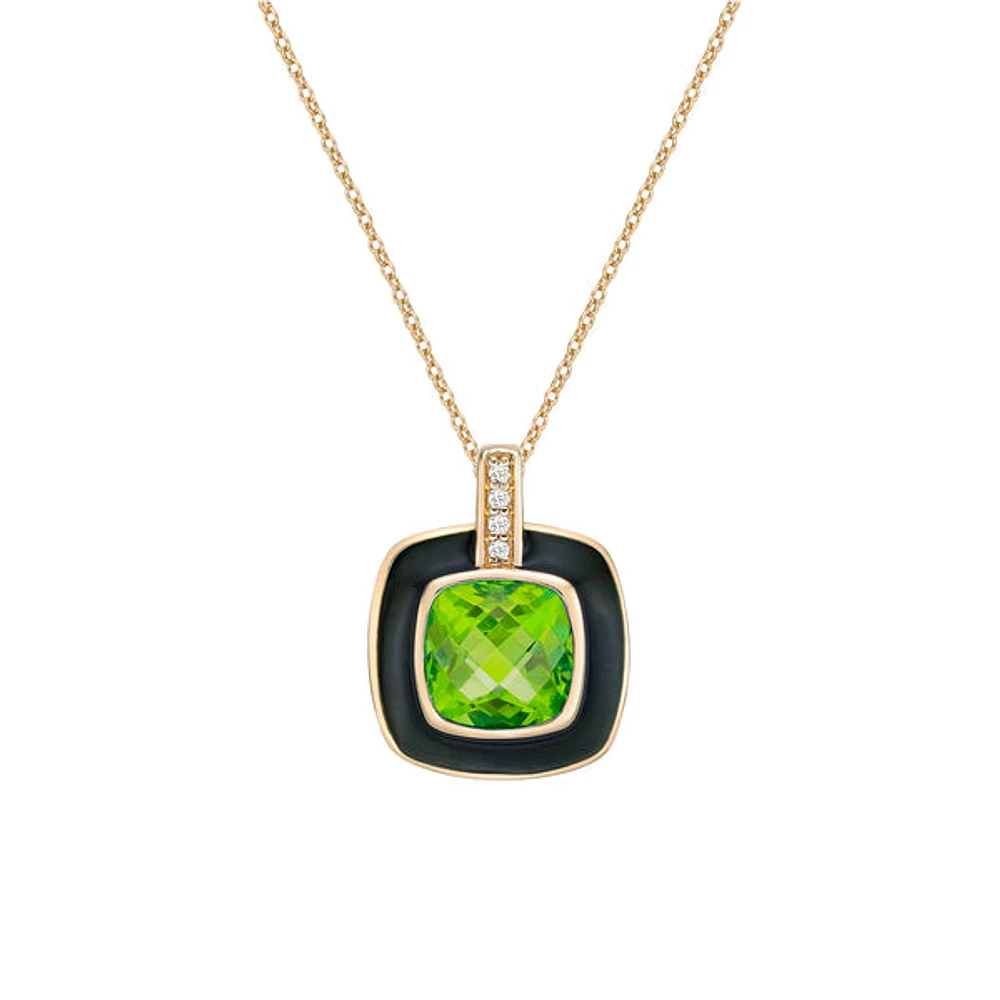 10K Yellow Gold Peridot and diamond pendant with enamel