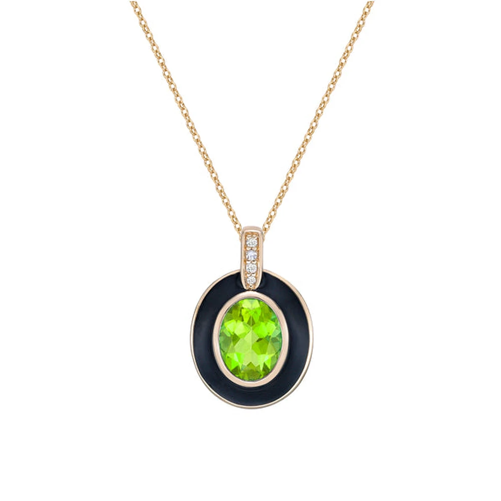 10K Yellow Gold Bezel-set Peridot and diamond pendant with enamel