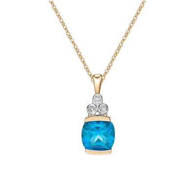 10K Yellow Gold Swiss Blue Topaz and Diamond Pendant, 18"