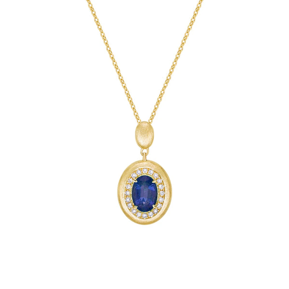 14K Yellow Gold Brushed Sapphire & Diamond pendant