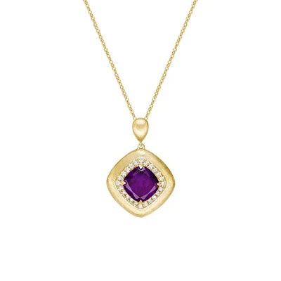 10K Yellow Gold Brushed Amethyst & Diamond pendant