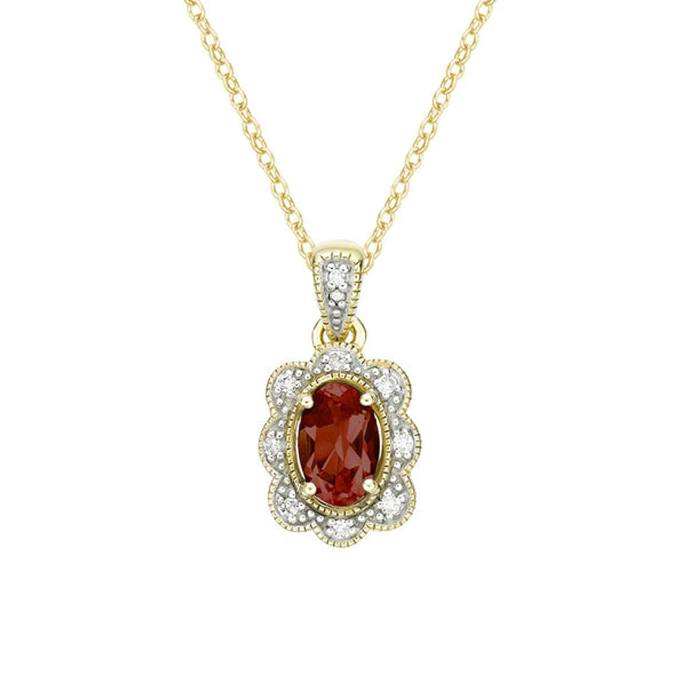 10K Yellow Gold Garnet pendant with diamond halo