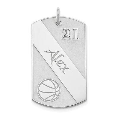 925 Sterling Silver Rhodium Plated Polished Basketball Dog Tag Pendant - MADE TO ORDER