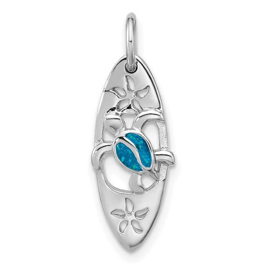 Sterling Silver Rhodium-plated Polished Blue Enamel Turtle Surfboard Pendant