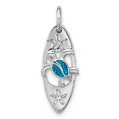 Sterling Silver Rhodium-plated Polished Blue Enamel Turtle Surfboard Pendant