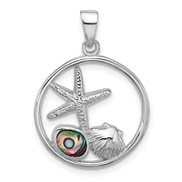 Sterling Silver Rhodium-plated Polished Paua Shell Starfish and Shell Pendant
