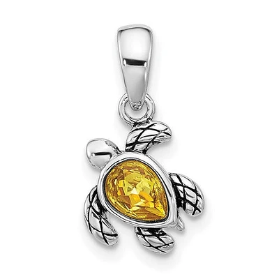 Sterling Silver Rhodium-plated Polished and Antiqued Crystal November Birthstone Turtle Pendant