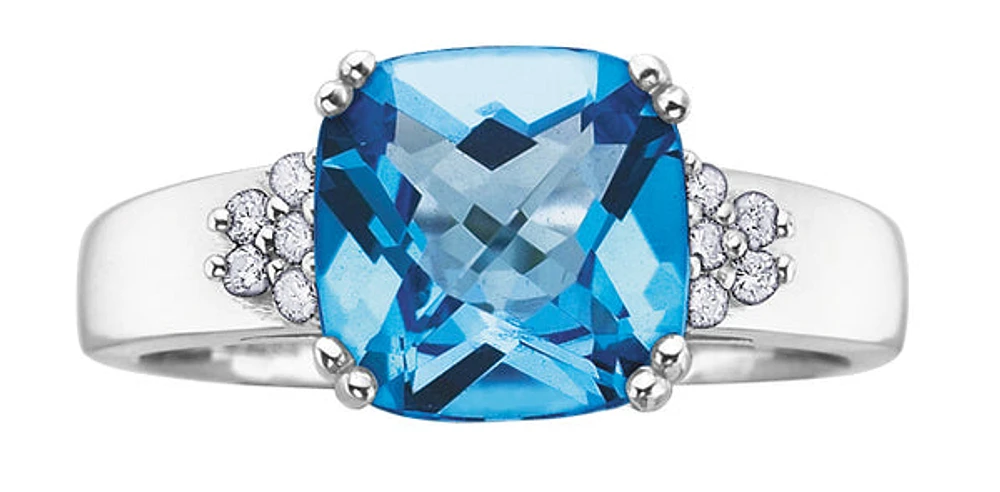 10K White Gold  9mm Blue Topaz and 0.10cttw Diamond Ring - Size 6