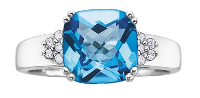 10K White Gold  9mm Blue Topaz and 0.10cttw Diamond Ring - Size 6