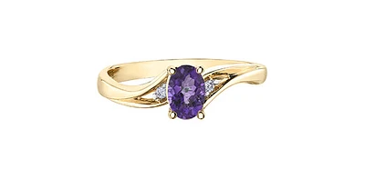10K Yellow Gold Genuine Amethyst & Diamond Ring