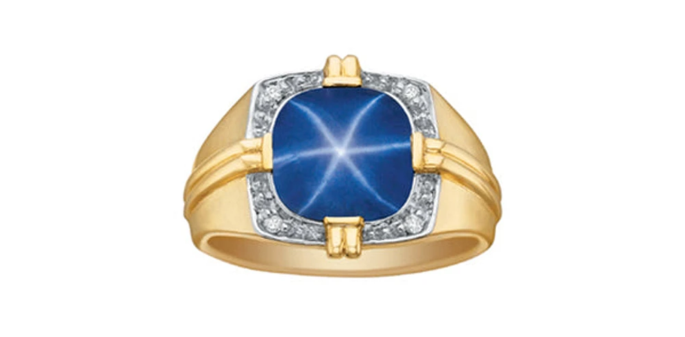 10K Gold Synthetic Star Sapphire and Diamond Gents Ring - /