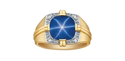 10K Gold Synthetic Star Sapphire and Diamond Gents Ring - /