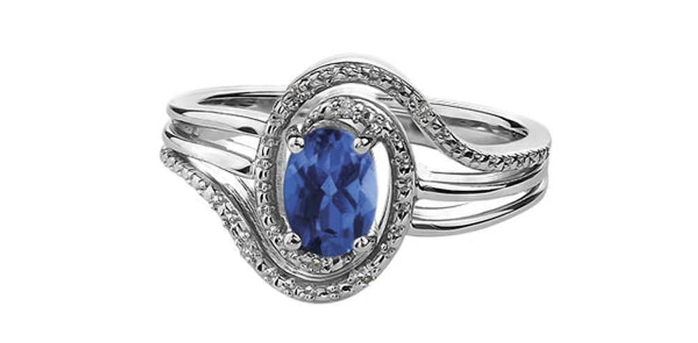 925 Sterling Silver 7 x 5mm Blue Sapphire and 0.03cttw Diamond Ring - Size 6