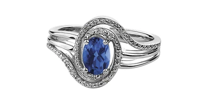 925 Sterling Silver 7 x 5mm Blue Sapphire and 0.03cttw Diamond Ring - Size 6