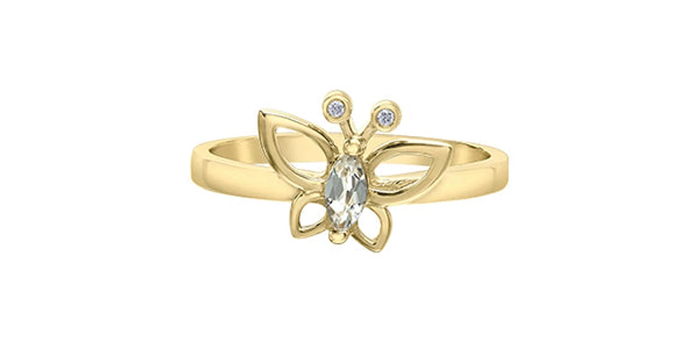 10K Yellow Gold White Topaz and Diamond Butterfly Ring