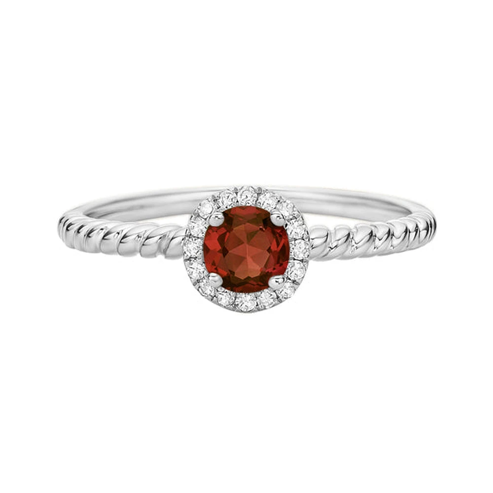 10K White Gold Garnet ring with diamond halo