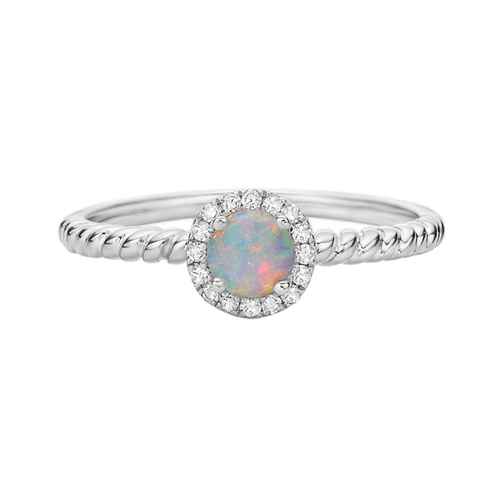 10K White Gold White Opal ring with Diamond Halo
